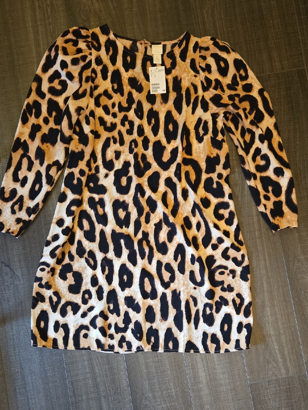 H&M Leopard Print Long Sleeve Dress in Tan, Black